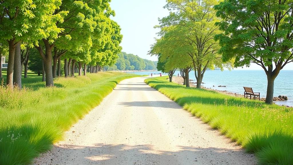 Gravel walking path with coastal vegetation on sides, gentle route with sea visible ahead