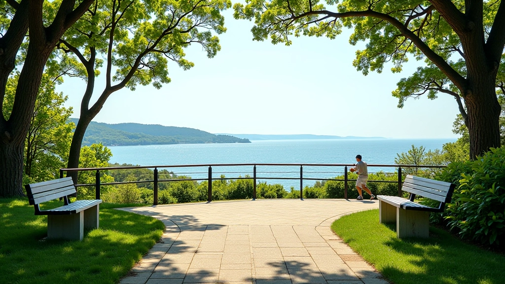 Coastal path viewpoint with sea visible in distance, comfortable walking area, clear day scenery