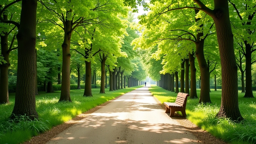 Forest trail with clear marking and benches, dappled sunlight through leaves, natural surface path