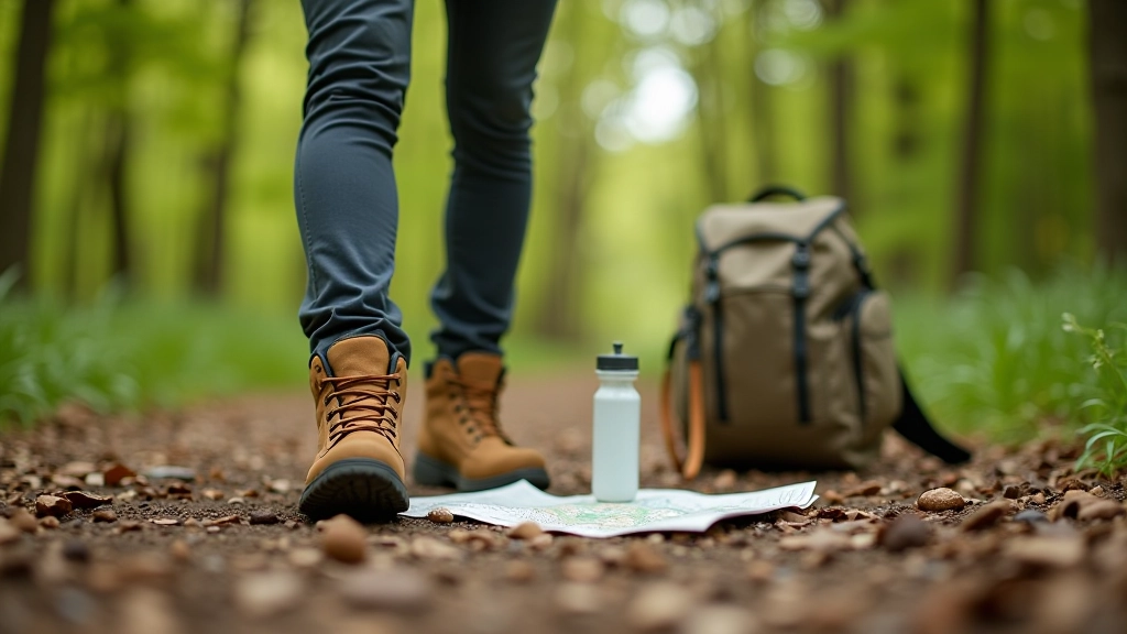 Walking shoes on forest path with map and water bottle nearby, outdoor preparation items, natural lighting