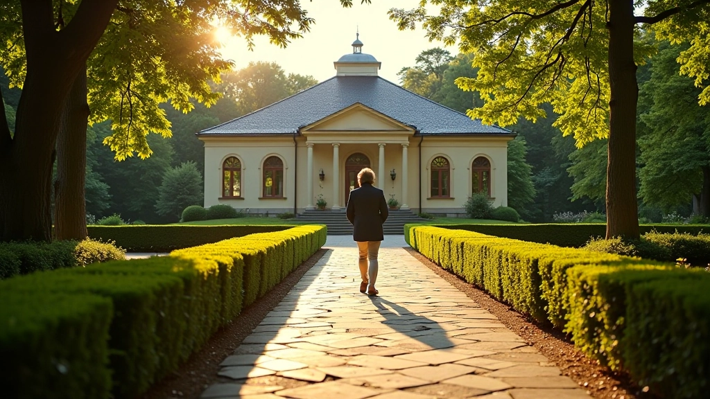 Manor estate grounds with stone pathways and historic architecture