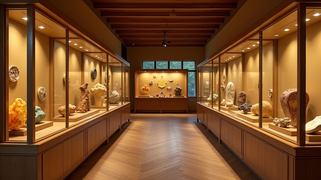 Amber museum interior display cases with fossilized amber pieces