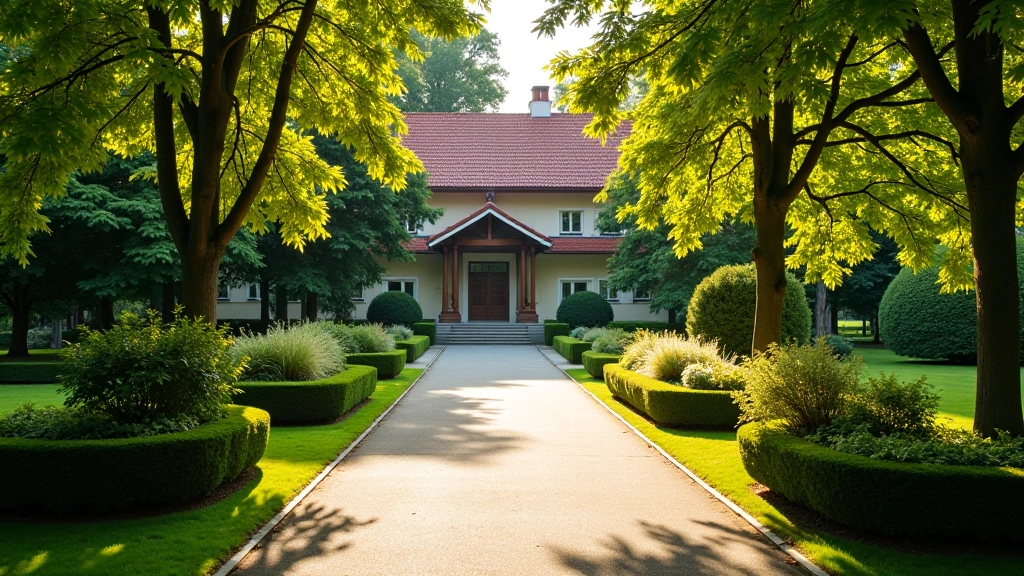 Museum grounds entrance area with paved walking paths, landscaped gardens, and museum building visible, peaceful afternoon lighting