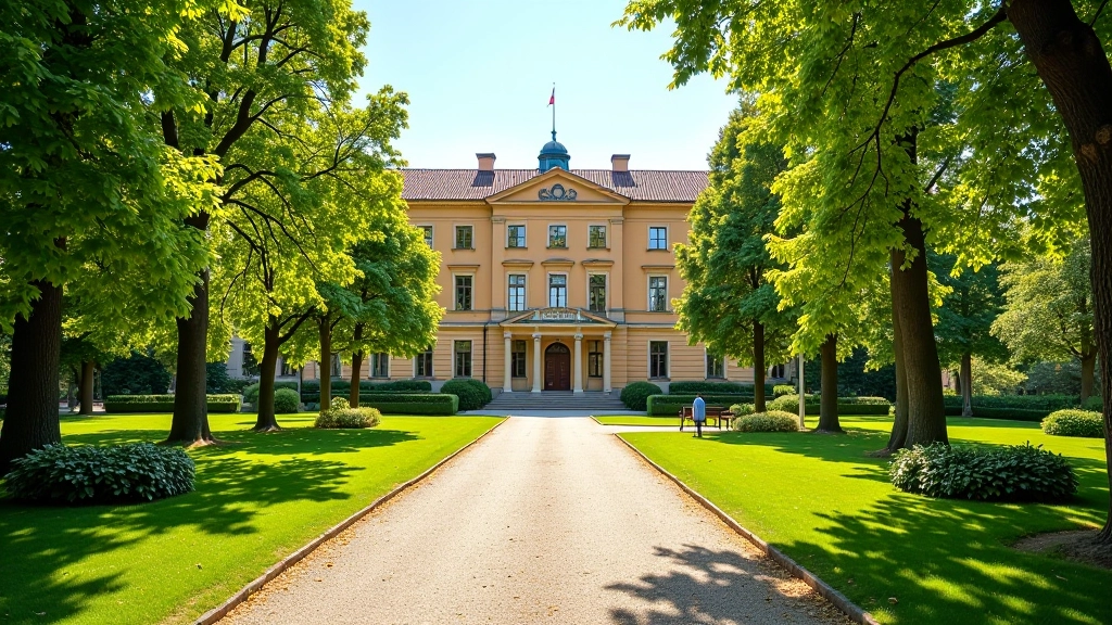 Amber museum building entrance with landscaped grounds and walking paths, historical architecture, comfortable walking area