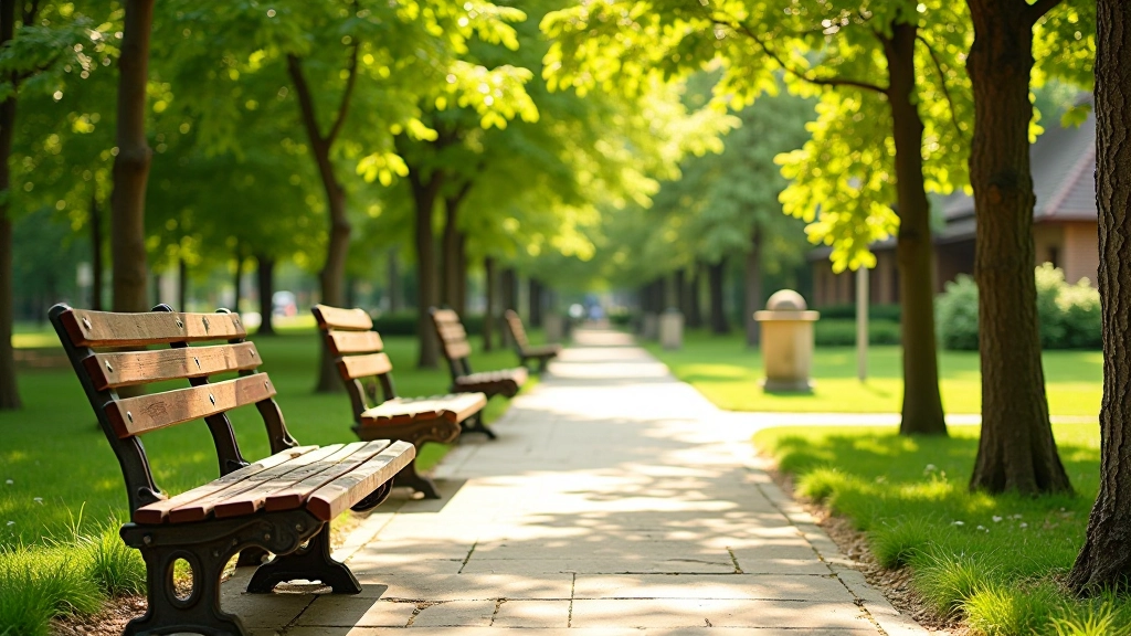 Museum grounds walking area showing benches and rest spots, peaceful afternoon atmosphere with good lighting