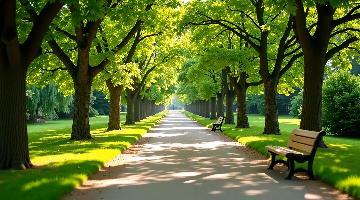 Shaded walking path with benches and mature trees in Birutė Park