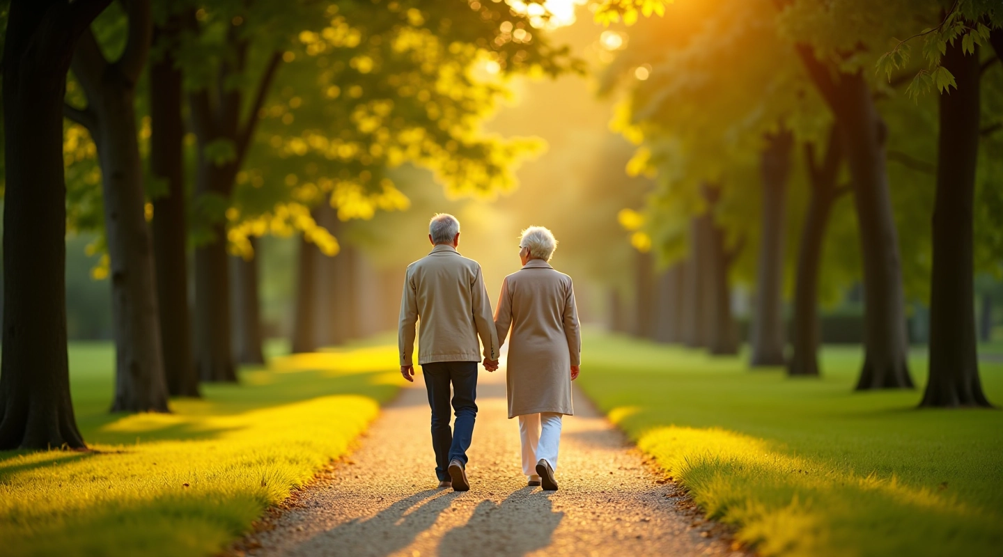 Seniors enjoying a peaceful walk on a shaded park path