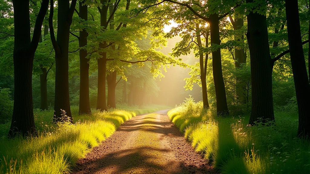 Serene forest path with natural lighting creating a peaceful walking environment