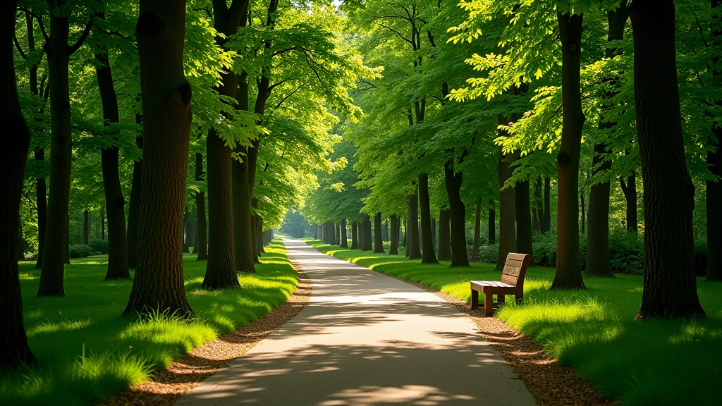 Forest path with rest areas and clear walking surface, natural canopy overhead, peaceful woodland setting