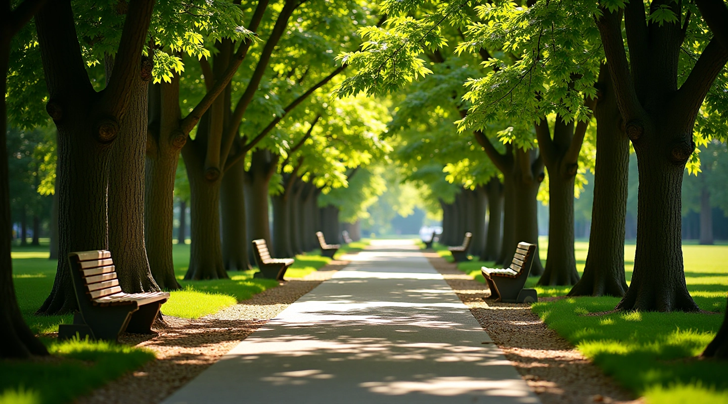 Shaded tree-lined pathway with benches visible in distance, dappled sunlight on ground, peaceful park setting