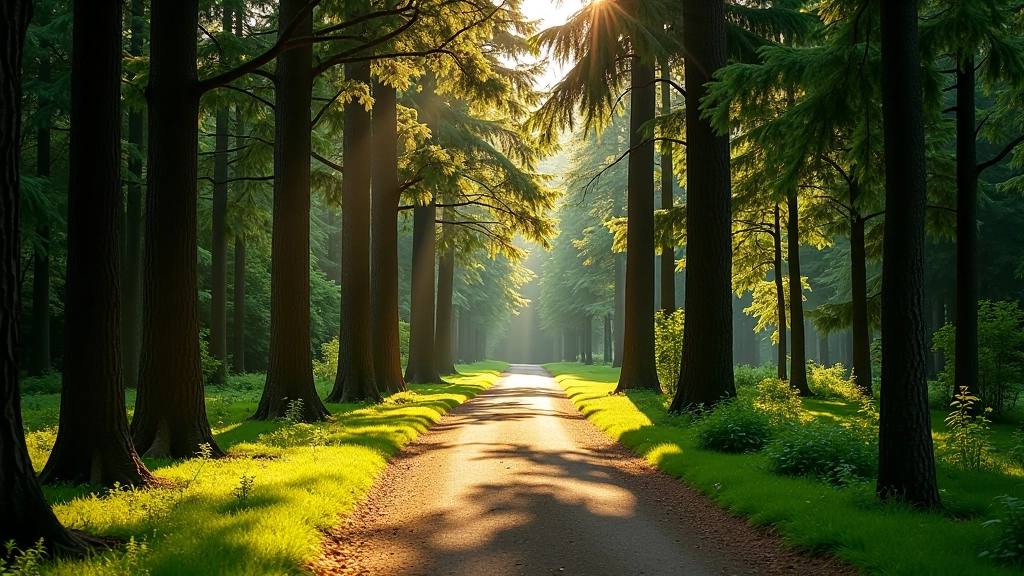 Forest woodland path with dappled sunlight through trees