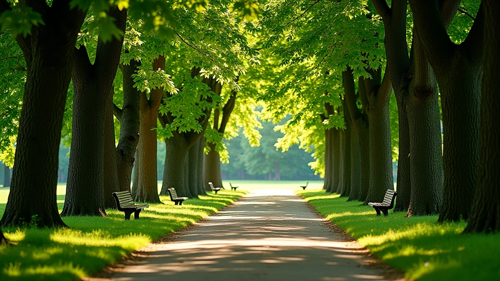 Tree-shaded walking path in museum grounds with dappled sunlight, mature trees creating natural canopy, peaceful woodland atmosphere