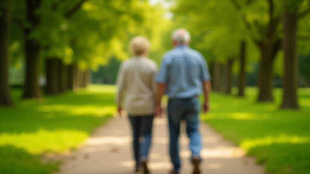 Senior couple walking together on peaceful park pathway