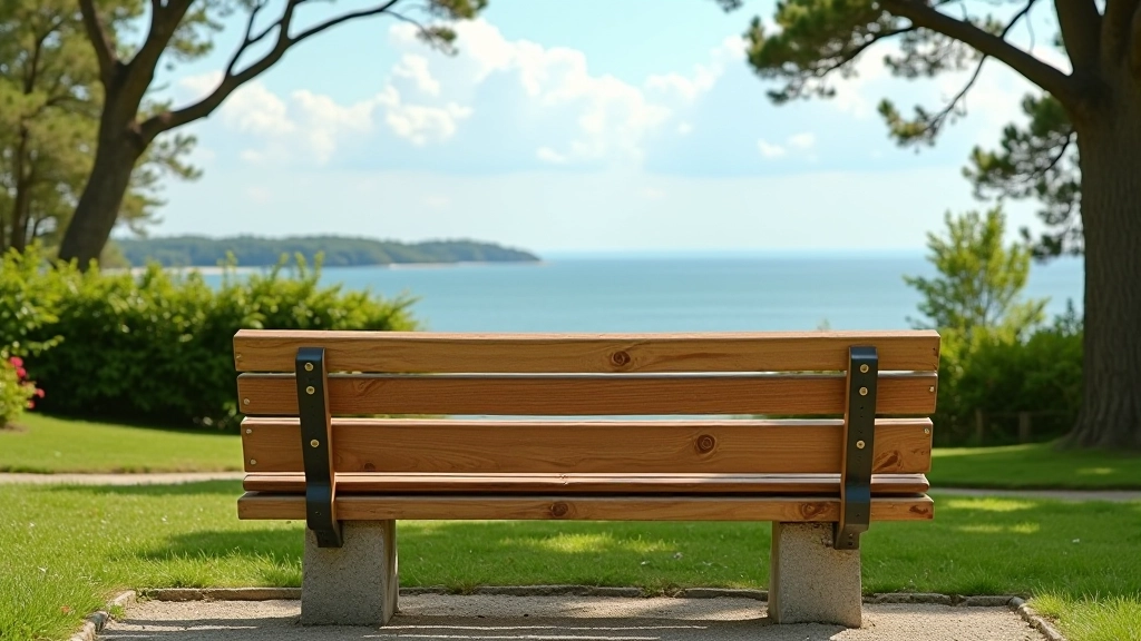 Comfortable seating area with coastal view, wooden bench overlooking the sea, peaceful spot